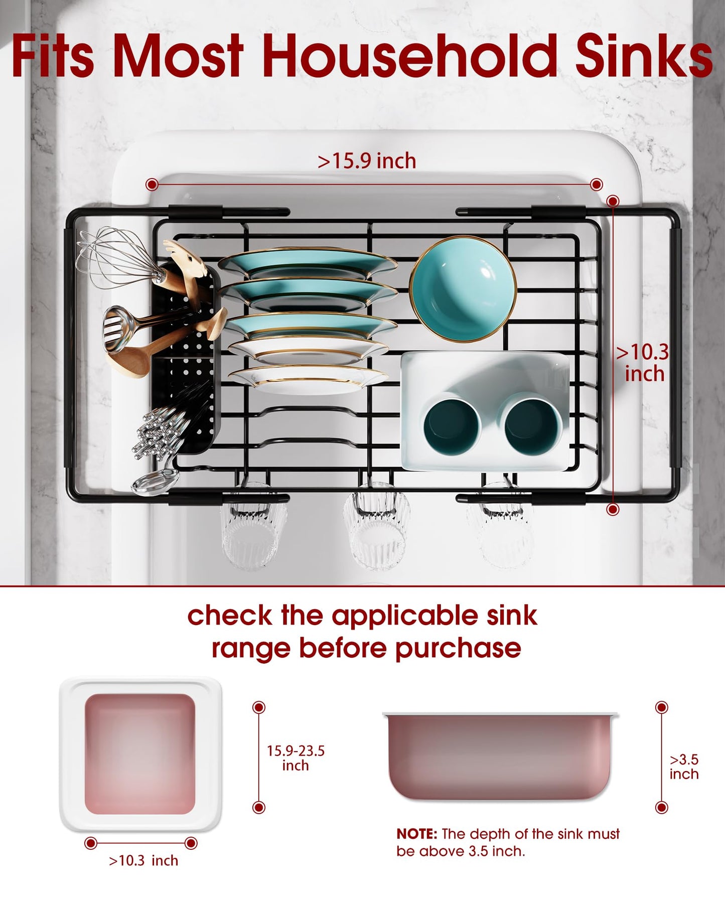 Sakugi Dish Drying Rack in Sink - Expandable Stainless Steel Dish Rack Over the Sink, Kitchen Sink Drain Strainer with Cutlery Holder & Cup Holders, 15.4 x 9.8 x 3.0 Inch, Black