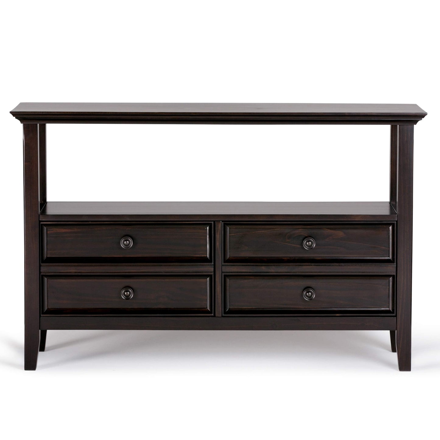 SIMPLIHOME Amherst Console Table - 48 Inch Wide Solid Wood Sofa Table in Hickory Brown, Transitional Storage Table for Entryway or Living Room with 2 Deep Drawers and Large Open Shelf