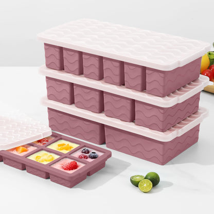 Silicone Freezer Trays with Lid (4-Pack), 1-Cup, 2-Cup, 1/2-Cup & 2-Tbsp Silicone Freezer Molds, Stackable Soup Freezer Meal Prep Containers,Ice Cube Tray for Making Sauce,Smoothies,Yogurt Bites