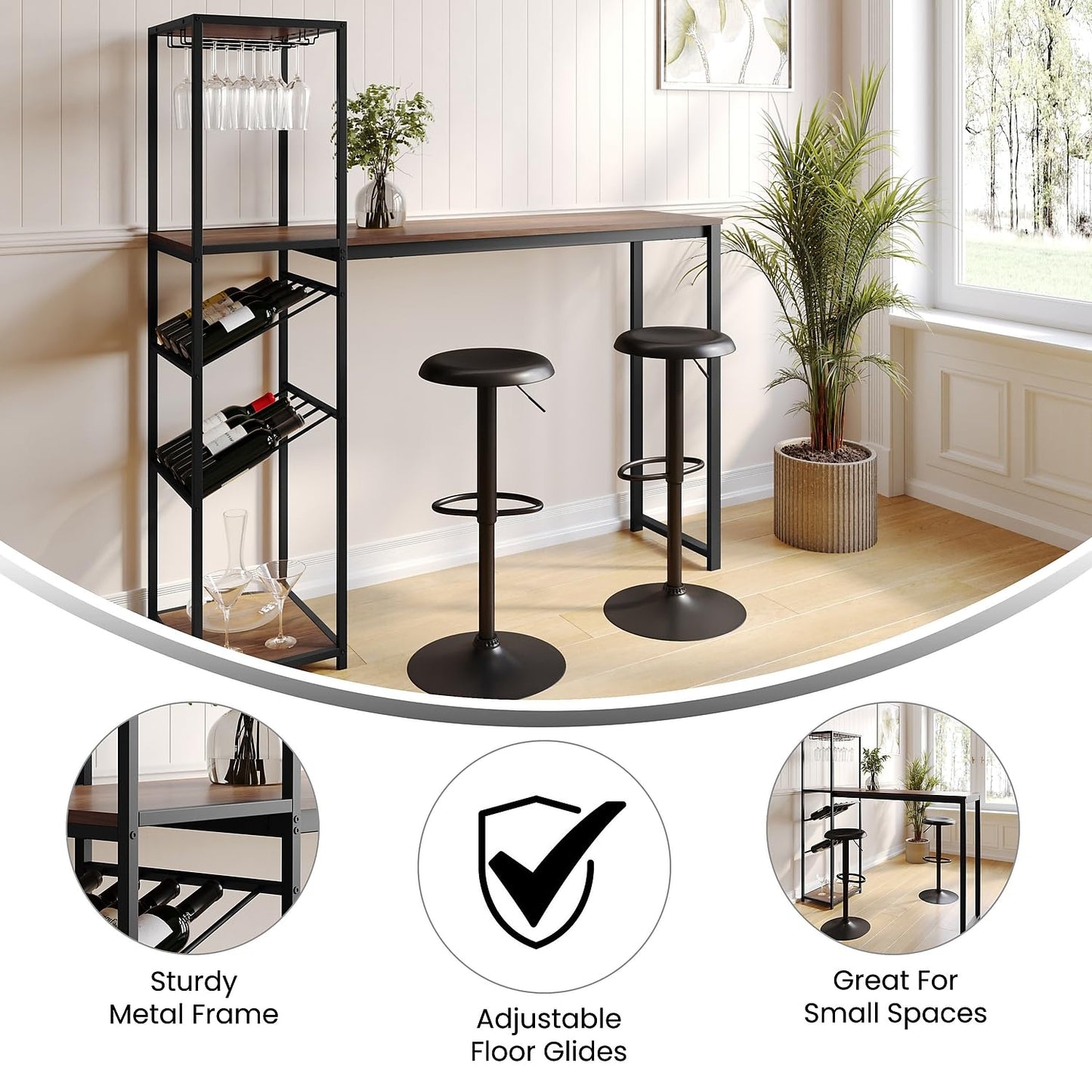 Flash Furniture Jura Metal Bar and Wine Table with Bottle and Stemware Storage, 2 Slanted Bottle Shelves, 3 Stemware Hangers, Waterproof Table Top, Black/Walnut