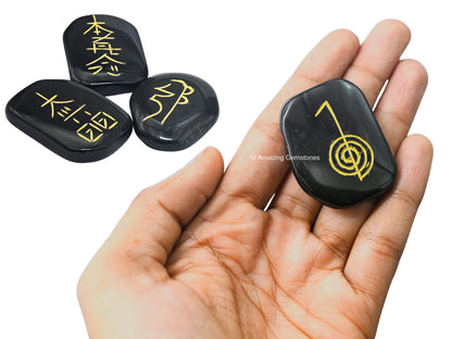 Amazing Gemstone Black Agate Crystal Reiki Stones with Engraved Symbols for Usui Reiki Healing, Set of 4 Pcs (Indian Handmade Reiki Gift Set)