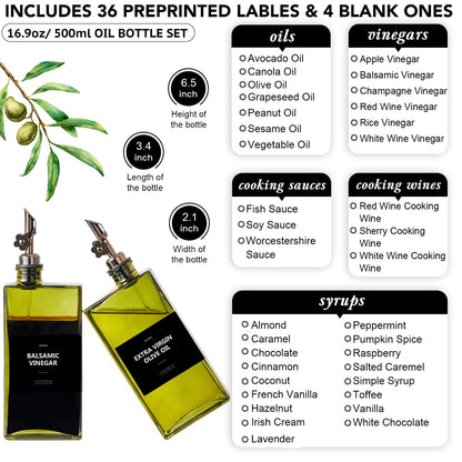 MUVEKA Olive Oil Dispenser Bottle for Kitchen, 16.9oz /500ml Cooking Vinegar Dispenser Bottle Set, Glass Sauce Container, Labels, Brush, Funnel, Stoppers, Green for Oil, Wine
