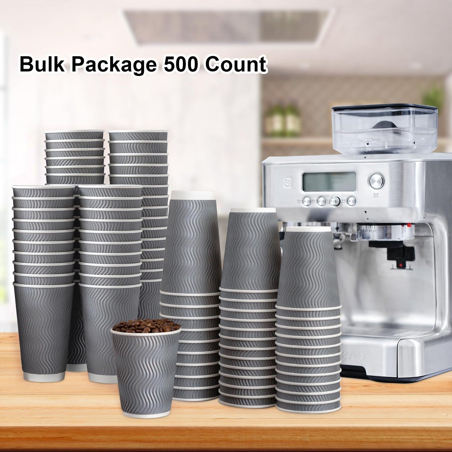 Lamosi 500 Count 12 oz Insulated Coffee Cups Bulk, Disposable Paper Cups No Lids 12oz, Corrugated Ripple Wall Design for Hot Beverage, Office, Hotel, Catering, Events, Cafe Bar Use (Grey)