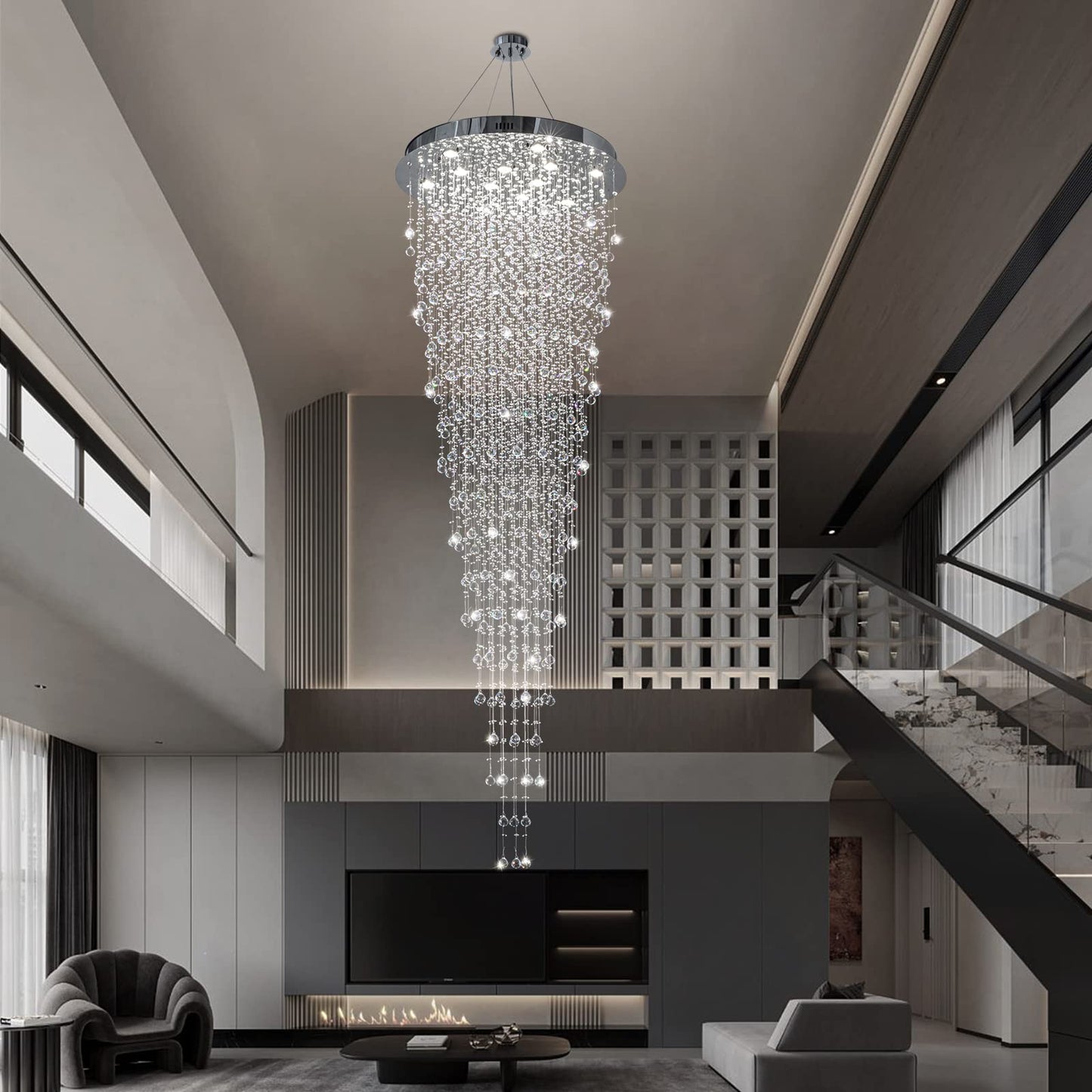 APBEAM Modern Large Crystal Chandelier for High Ceilings, Raindrop Round Large Foyer Chandelier, Luxury Flush Mount Ceiling Light Fixture for Stairse Entryway Living Room Dia 32" x H 96"-12 Lights