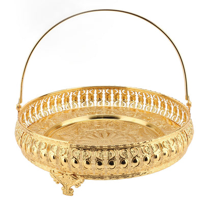 Retro Round Fruit Tray Exquisite Decorative Large Capacity Alloy Dessert Plate Golden Zinc Alloy Fruit Trays for Parties with Handle Decorative Serving Tray for Party Home Bar Cafe