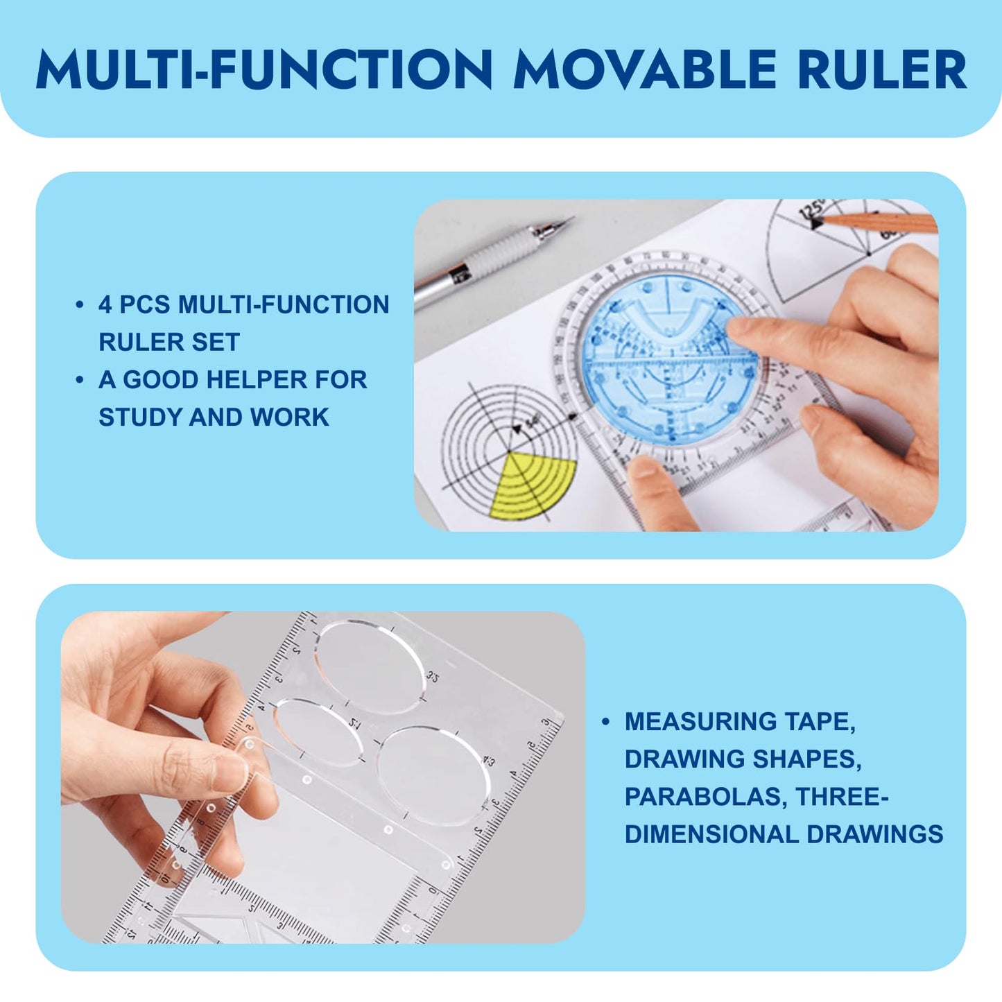 Zakrafo 4 Pcs Multifunctional Geometric Ruler,Math Measuring Rulers for Drawing and Art,Metric Ruler Drawing Tool for School Office Supplies and Build