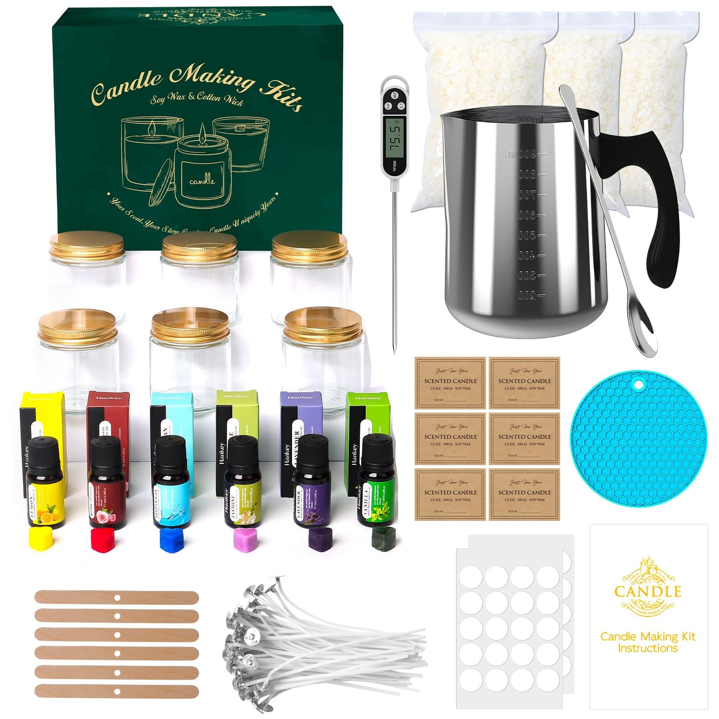 Aeraroma Candle Making Kit for Adults, Soy Candle Making Kit for Beginner - DIY Starter Candle Making Supplies with 900ml Candle Make Pouring Pot & Glass Jars, Perfect for Home Decorations