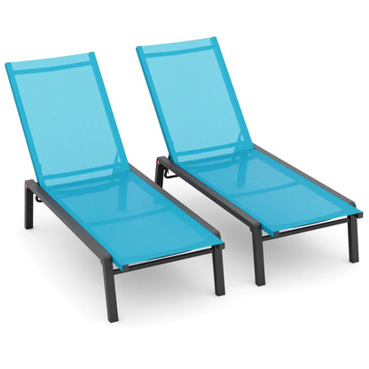 FHVIT Patio Chaise Lounge Set of 2 with 4 Adjustable Backrest, Foldable Aluminum Chaise Lounge Chair Recliner for Outdoor, Poolside, Sun Tanning Blue