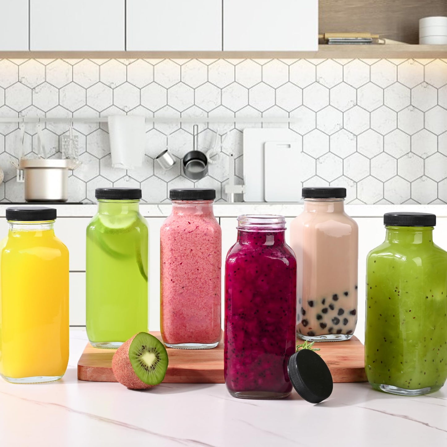 Benestanti 10 Pack 16oz Glass Juice Bottles with Lids - Reusable Juicing Bottles Glass Drinking Jars Containers with Airtight Lids & Cleaning Brush - Perfect for Juicing,Milk,Kombucha, and Storage
