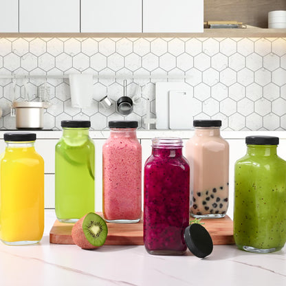 Benestanti 10 Pack 16oz Glass Juice Bottles with Lids - Reusable Juicing Bottles Glass Drinking Jars Containers with Airtight Lids & Cleaning Brush - Perfect for Juicing,Milk,Kombucha, and Storage