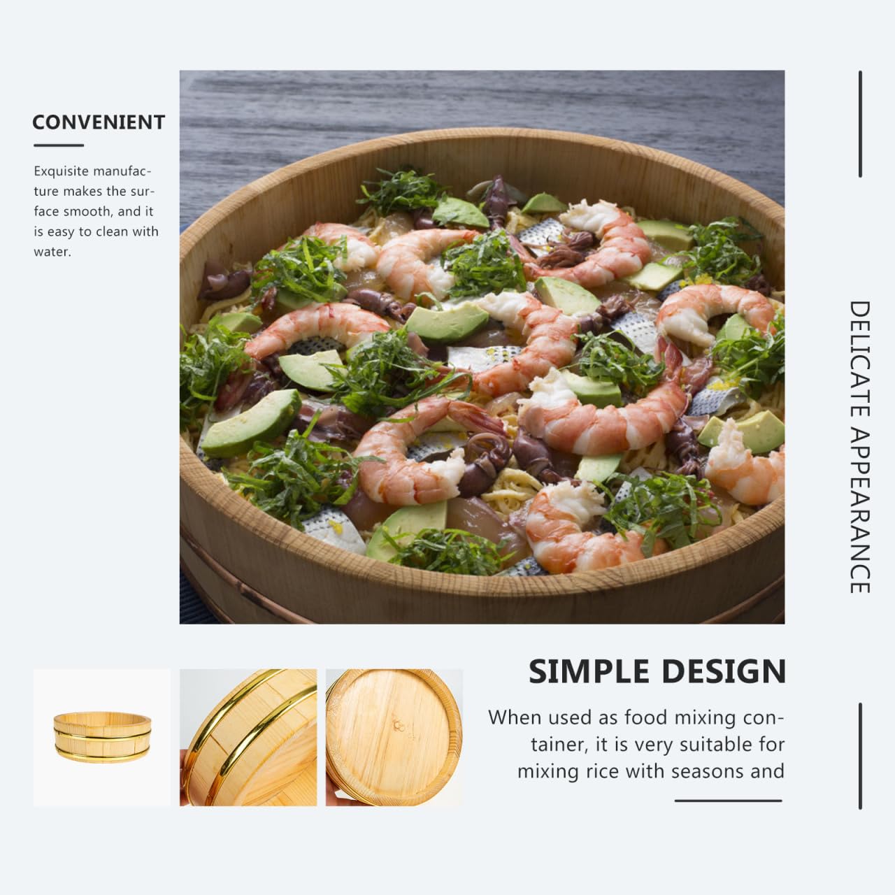 WATIIFUFU Japanese Sushi Bucket Wooden Rice Mixing Bowl Food Storage Container Compact 9.84X9.84X2.63In Lightweight for Sushi Bibimbap Serving and Home Cooking