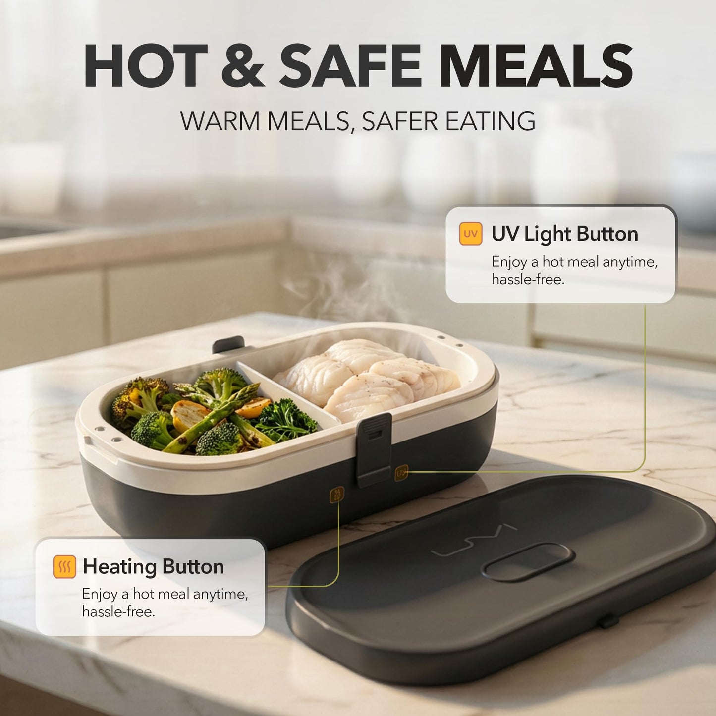 UVI, Self Sanitizing Electric Lunch Box for Adults, Portable Food Warmer for Work & Travel, Portable Heated Lunch Box for Men & Women (Charging Box Not Included)