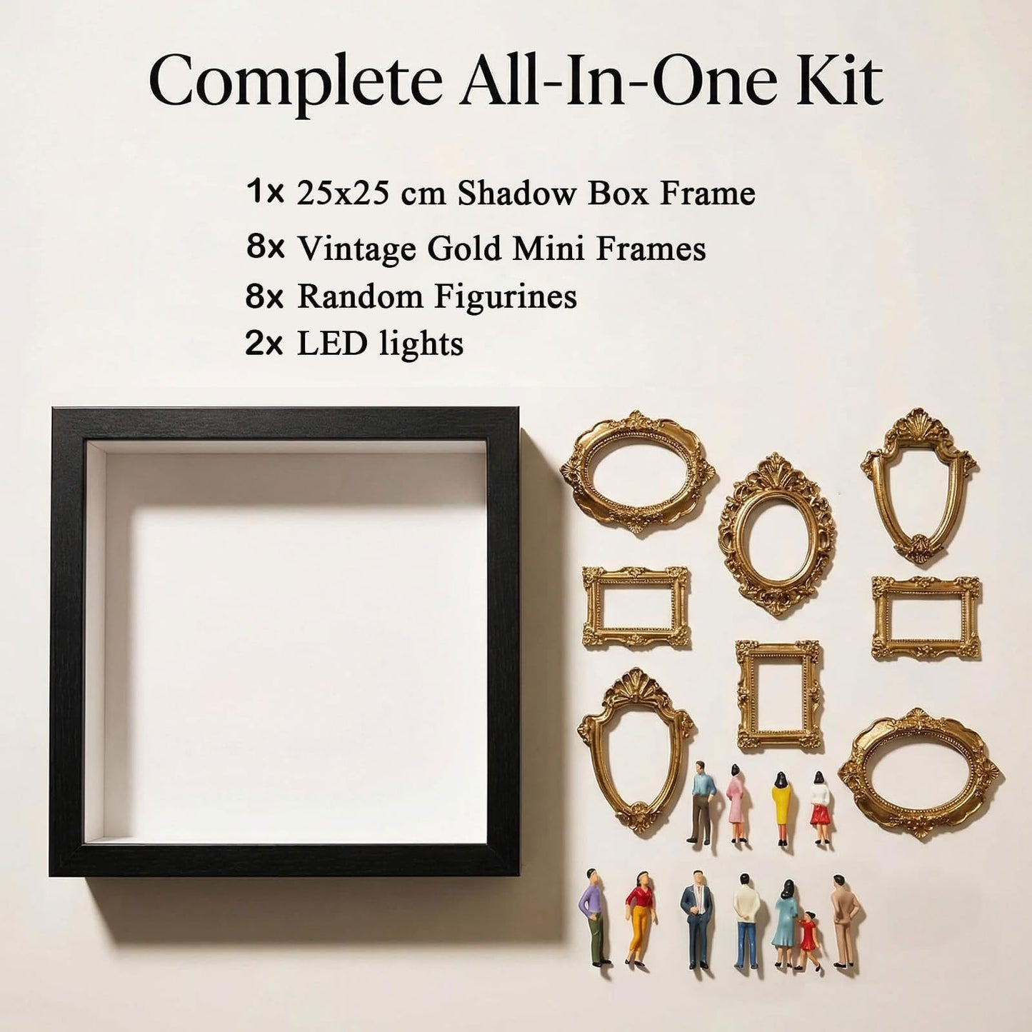 Mini Museum Silhouette Shadow Box Frame, DIY Memory Display Photo Craft Kit with LED String Lights, Mini Gold Frames & Figurines, Keepsake Box for Wedding Anniversary Family Milestone Gift (White)