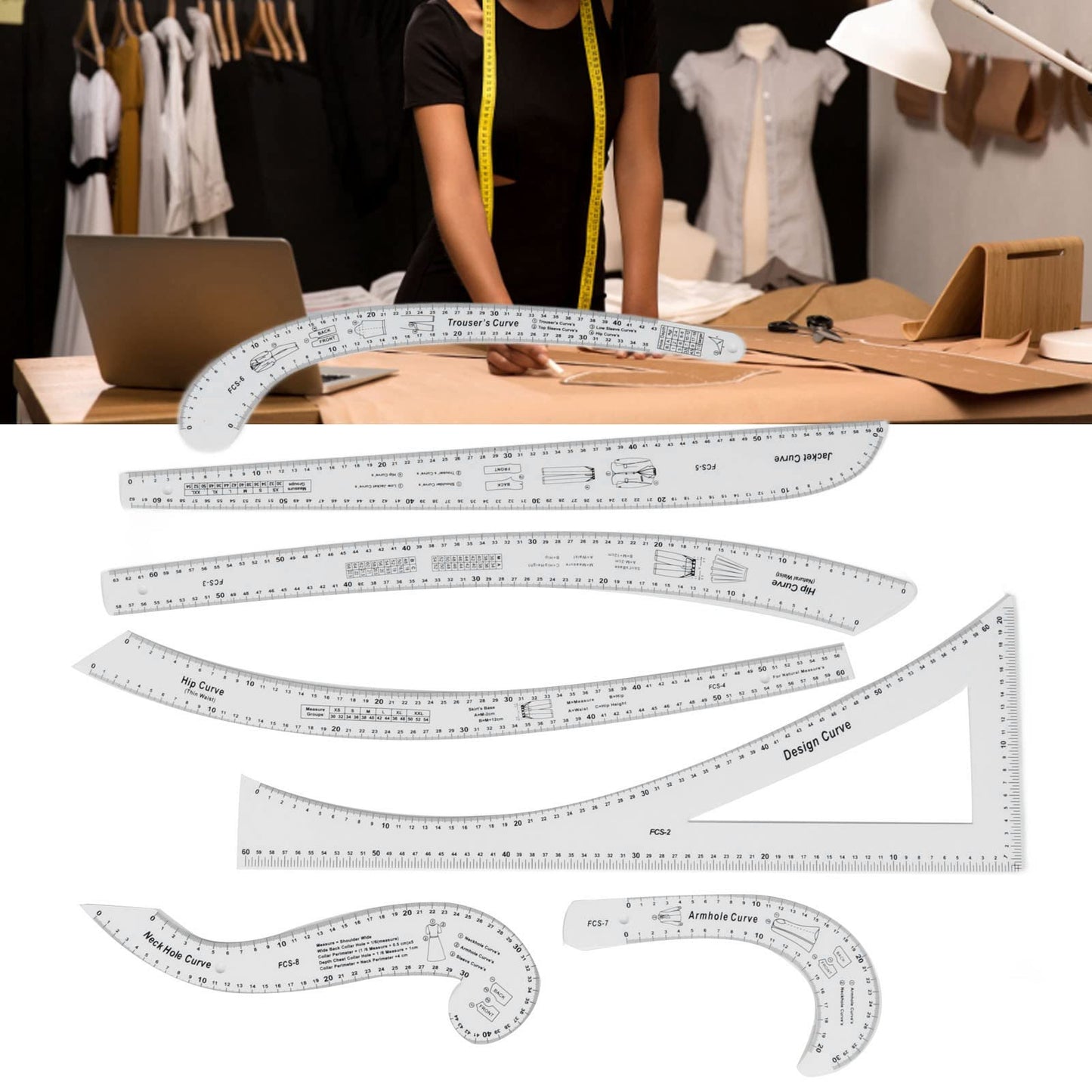 7Pcs Sewing Ruler Tailor Set Clear French Curve Ruler Sewing Ruler Set Rulers Ruler Racks Rulers High Accuracy Scale Fashion Pattern Design Ruler Set for Making Pattern Drafting