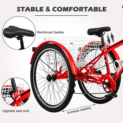 H&ZT Adult Tricycle, 3 Wheeled Bike, Trike Cruiser Bike, with 7-Speed Gear, Parking Brake Handle, Low Step, Large Rear Basket, Elderly Friendly, for Men, Women, and Teens