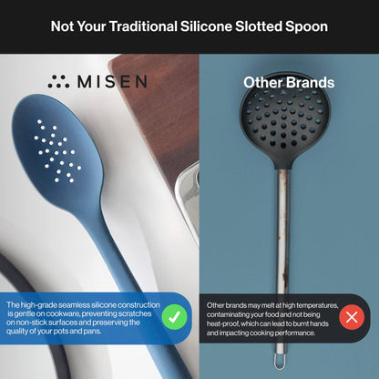 Misen Silicone Slotted Spoon - Dishwasher Safe, Professional-Grade Perforated Spoon - Comfortable Grip, Nonstick Safe, Heat Safe - Perfect for Stirring & Serving - Blue