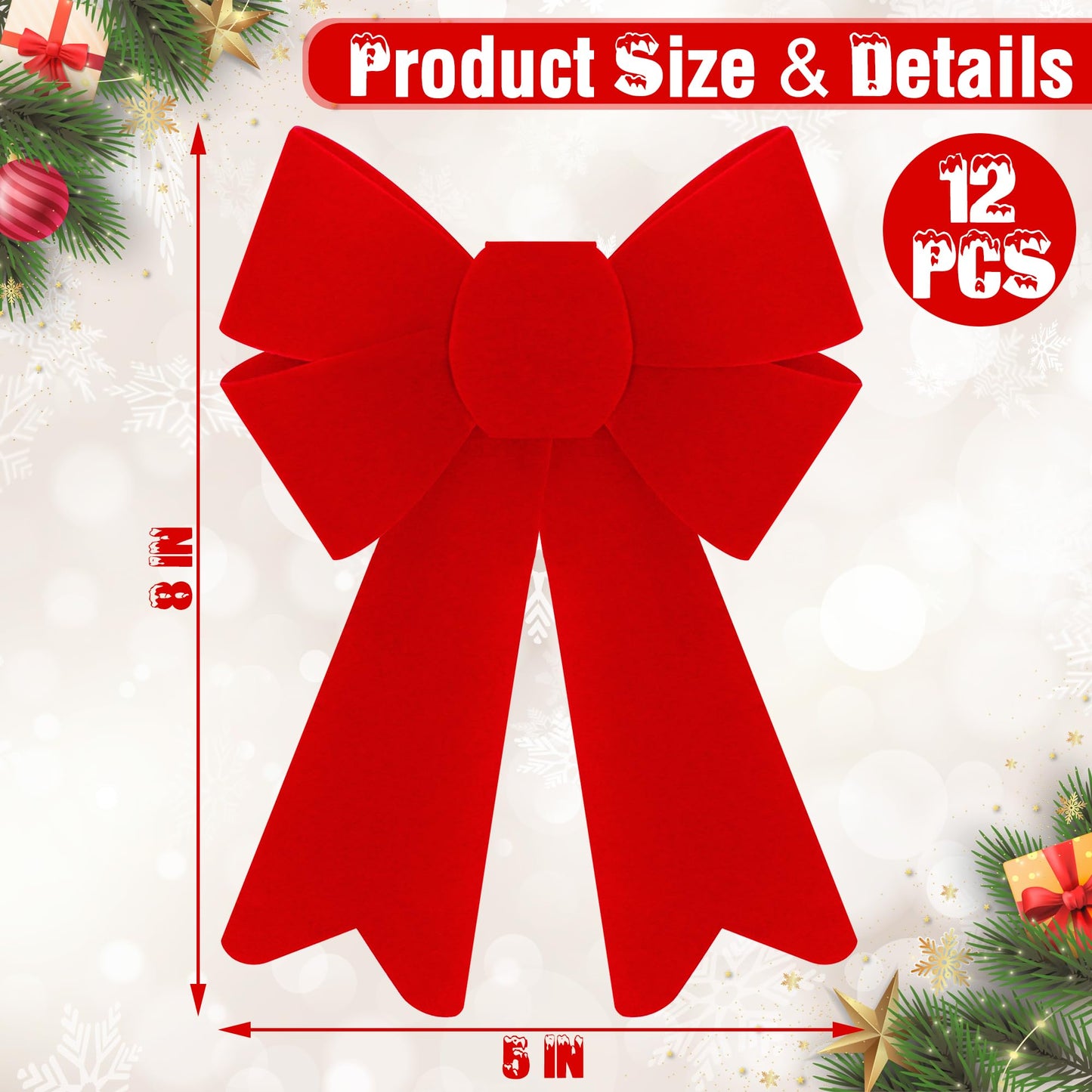 Heartome 12 PCS Christmas Bows, PVC Christmas Tree Bows 5 x 8 Inches, Red Velvet Bows for Hanging Red Xmas Outdoor Indoor Large Bows Xmas Decor Party Supplies Wreath Railing Fences