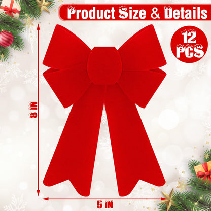 Heartome 12 PCS Christmas Bows, PVC Christmas Tree Bows 5 x 8 Inches, Red Velvet Bows for Hanging Red Xmas Outdoor Indoor Large Bows Xmas Decor Party Supplies Wreath Railing Fences