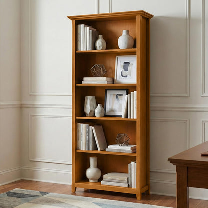 SIMPLIHOME Amherst Bookcase - 70 inch Tall 5-Shelf Solid Wood Bookshelf in Light Golden Brown, Transitional Storage for Living Room, Study Room or Office with Adjustable Shelves and Tapered Legs