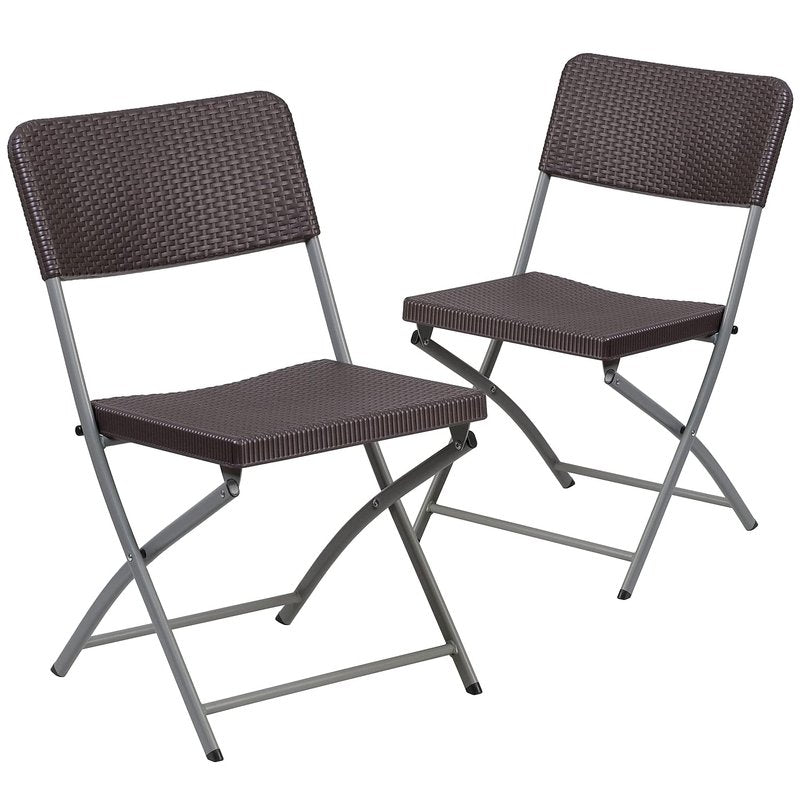 Flash Furniture 2 Pack HERCULES Series Brown Rattan Plastic Folding Chair with Gray Frame