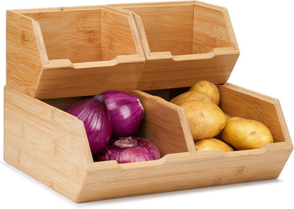 WRONWA 3 Pack Stackable Bamboo Potato Onion Storage Bins - Pantry Organizers for Kitchen Countertop, Ventilated Food Storage Containers for Fruits Vegetables