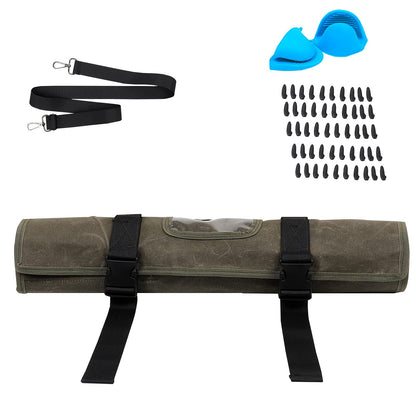 HERSENT Waxed Canvas Chef’s Knife Roll Bag,Army Green Knife Wrap,Portable Knife Roll,Waterproof Pocket Knife Carrier,Durable 16oz Knife Case With Adjustable Shoulder Strap