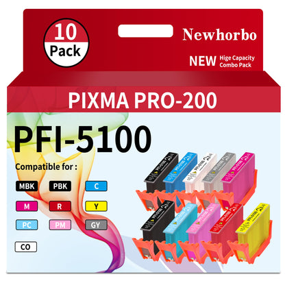 Newhorbo PFI5100 Ink Cartridge Replacement for Canon imagePROGRAF PRO310 Printer (MBK, PBK, C, M, Y, R, GY, PC, PM, CO 10-Pack)