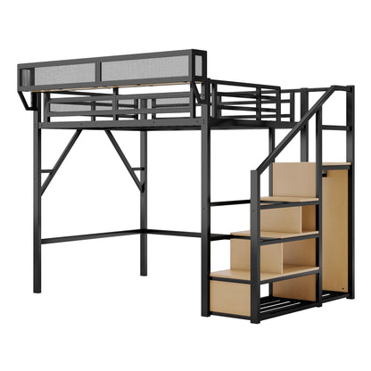 DNYN Full Size Loft Bed with Storage Shelves & Wardrobe & Staircase Design for Kids/Adults Bedroom,Sturdy Metal High Bedframe w/Safety Guardrails,Super Save Space & No Box Spring Needed, Black