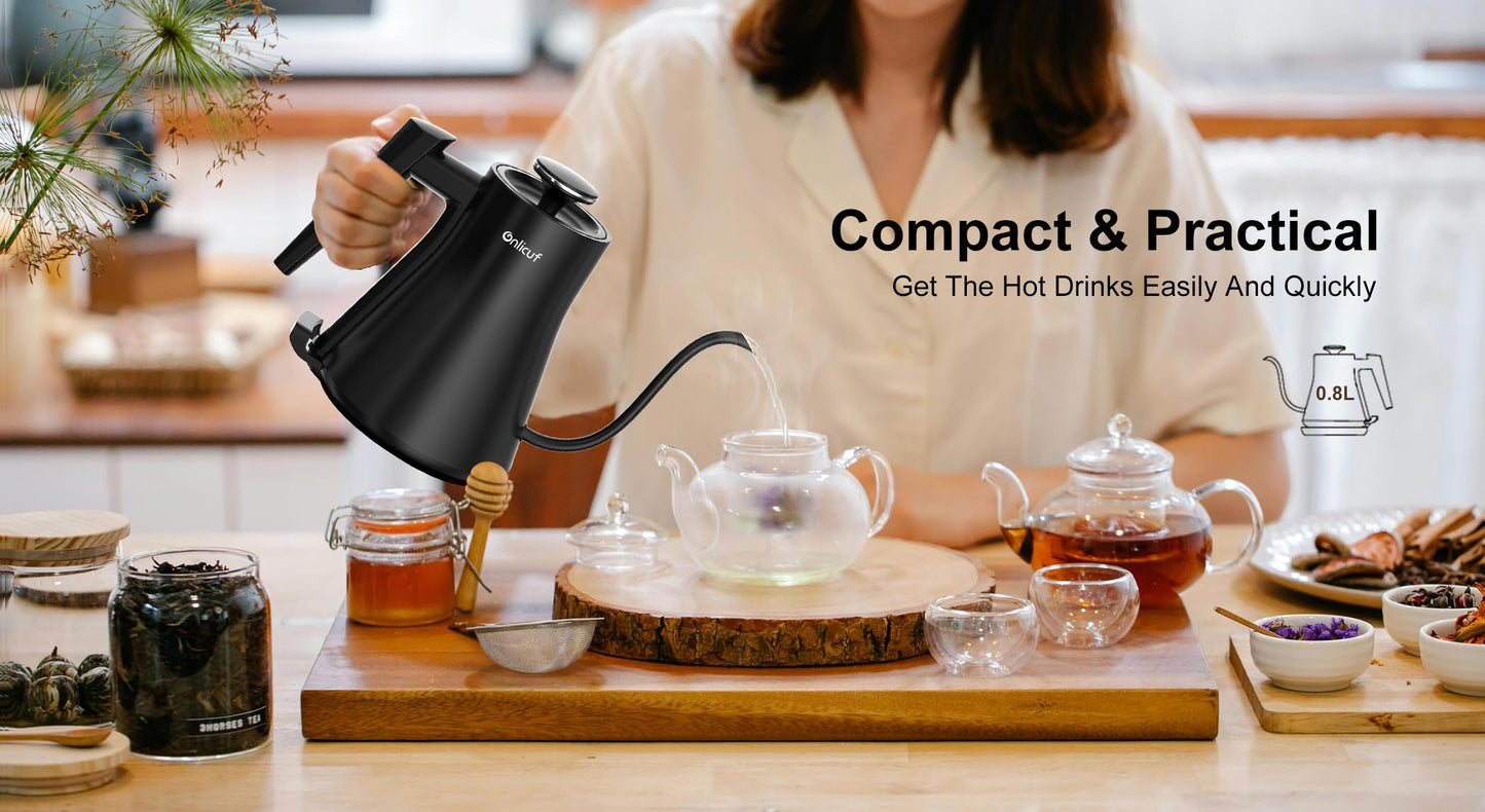 Onlicuf Gooseneck Electric Kettle 0.8L - Matte Black Tea Kettle with Auto Shut Off, Boil-Dry Protection & BPA-Free, Precision Electric Water Kettle for Pour Over Coffee