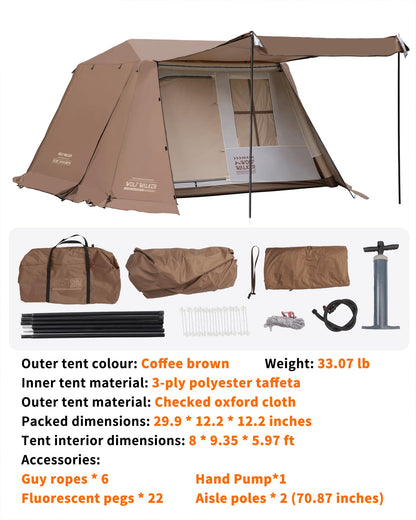 Inflatable Camping Tent for 5-8 Person, Oxford Waterproof Blow Up Air Tent with Skylight & Mesh Windows, Quick Setup with Hand Pump, Carrying Bag, 4 Season UV Protection for Outdoor Glamping Family