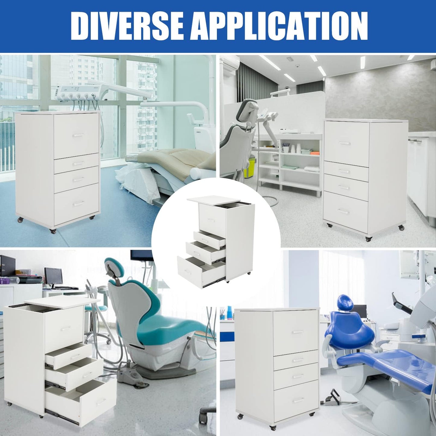 Medical Dental Assistant's Mobile Cabinet Alabama Cart Utility Cart 4 Drawer with Handle, Easy to Pull Out and Push Back.