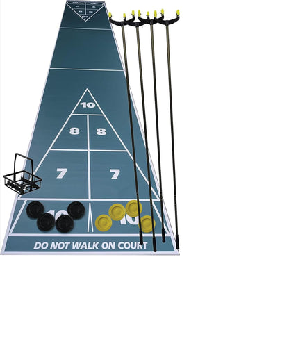 Home Shuffleboard Court Package - Roll Out Shuffleboard Court (28'L X 54" W), 4 Shuffleboard Cues, 6" Tournament Discs (4 Yellow, 4 Black), Disc Carrier, and Rules