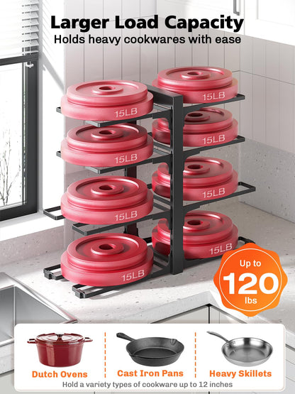 MUDEELA 8-Tier Pots and Pans Organizer under Cabinet, 15.83" Height Heavy Duty Pot Pan Organizer Kitchen Cabinet Organization and Storage, Adjustable Pot Rack for Frying Pan, Cast Iron Skillet, Black
