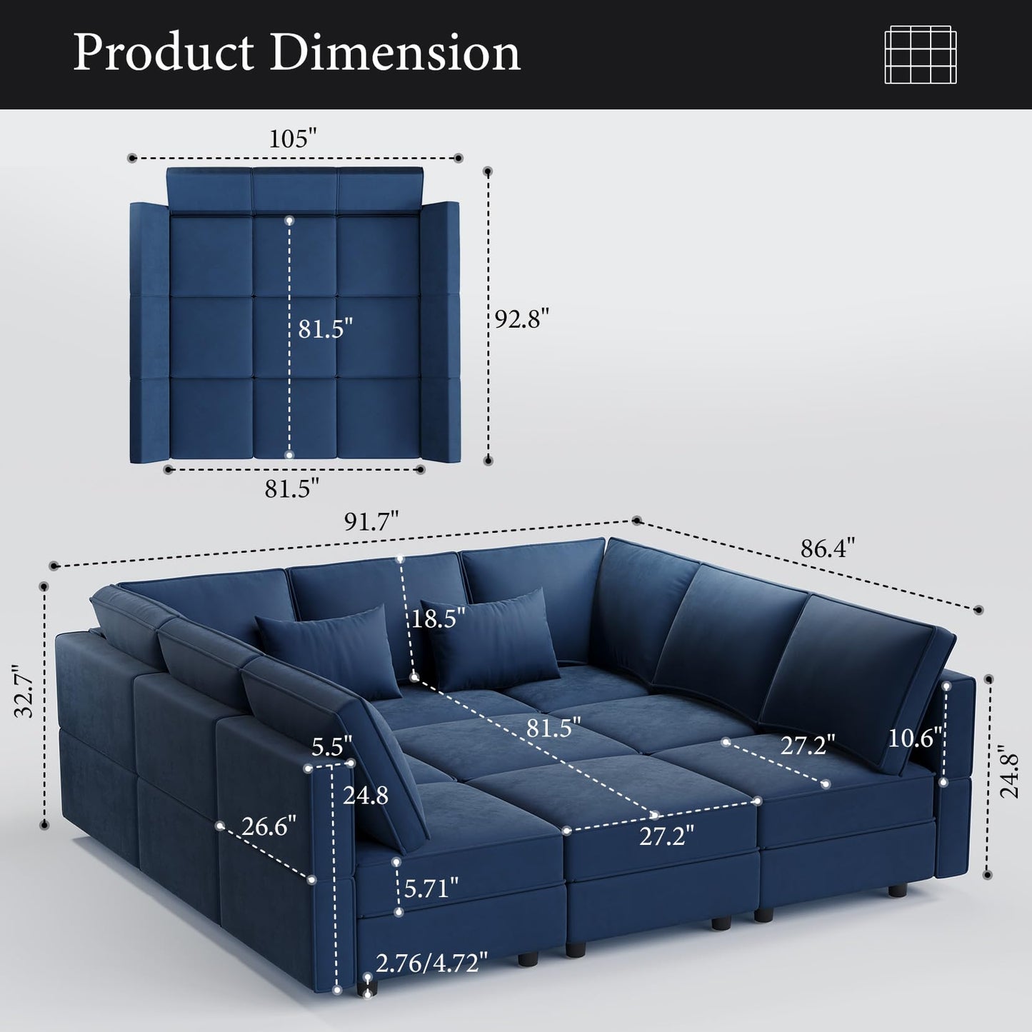 Vesgantti Modular Sofa Bed with Storage, 92" Sleeper Sofas with 9 Seats Storage Chaises Removable Cover, Luxury Large Velvet Sectional Couch Set for Living Room, Apartment, Home Theater, Blue