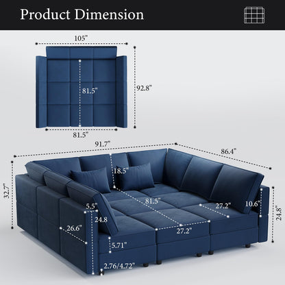 Vesgantti Modular Sofa Bed with Storage, 92" Sleeper Sofas with 9 Seats Storage Chaises Removable Cover, Luxury Large Velvet Sectional Couch Set for Living Room, Apartment, Home Theater, Blue