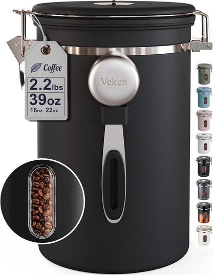 2.2lbs 39oz,Black Veken Large Coffee Canister with Window, Kitchen Food Storage Airtight Stainless Steel Container