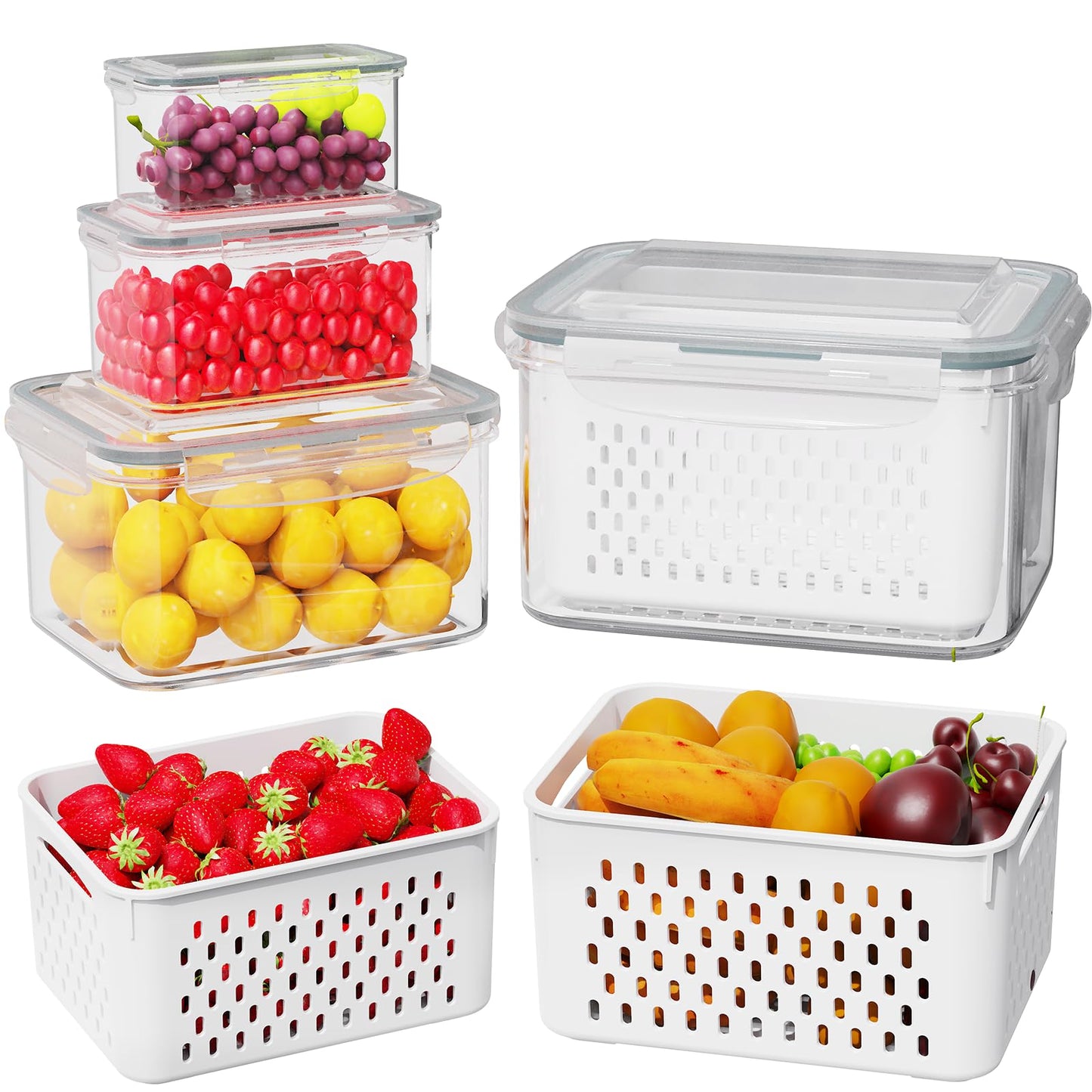 4 Pcs Fruit Storage Containers for Fridge (with Drain Basket) - Leak-Proof Food Containers, BPA-Free, Keep Fruits, Vegetables, Berries, and Meats Fresh for a Long Time, Dishwasher and Microwave Safe