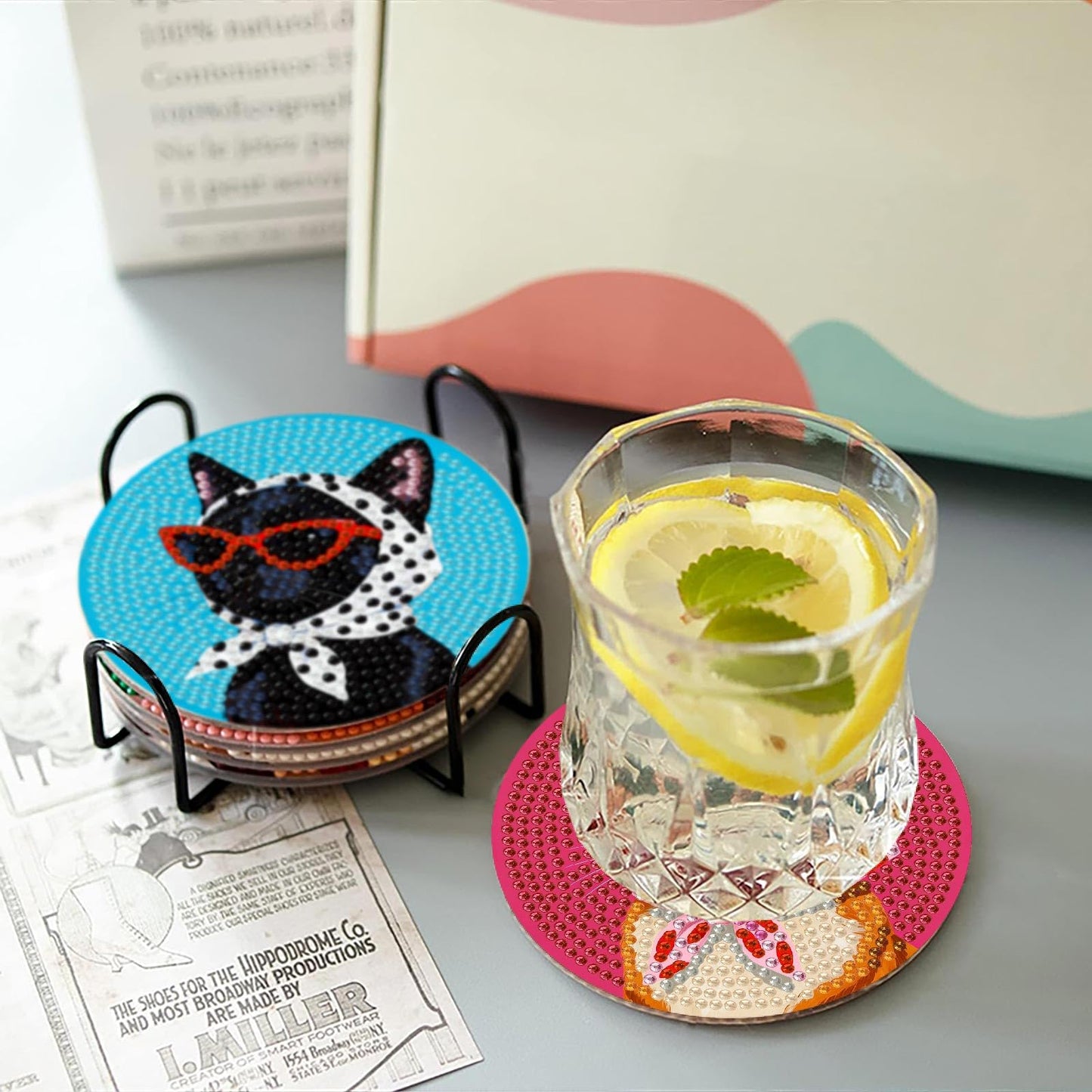 8 Pcs Cat Diamond Painting Coasters Kits with Holder,Cat Wearing Glasses Diamond Art Coasters with Wooden Pad for Adult,DIY Round Drill Gem Drink Coaster Art Craft Supplies for Home Decor 4x4 Inch.