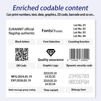 Eurannit Automatic Inkjet Coding Machine for Production Line, 260E TIJ Inkjet Printer with 7” Touchable Screen for Date/Batch/QRCode/Barcode/Logo etc (1 Nozzle / 1 in)