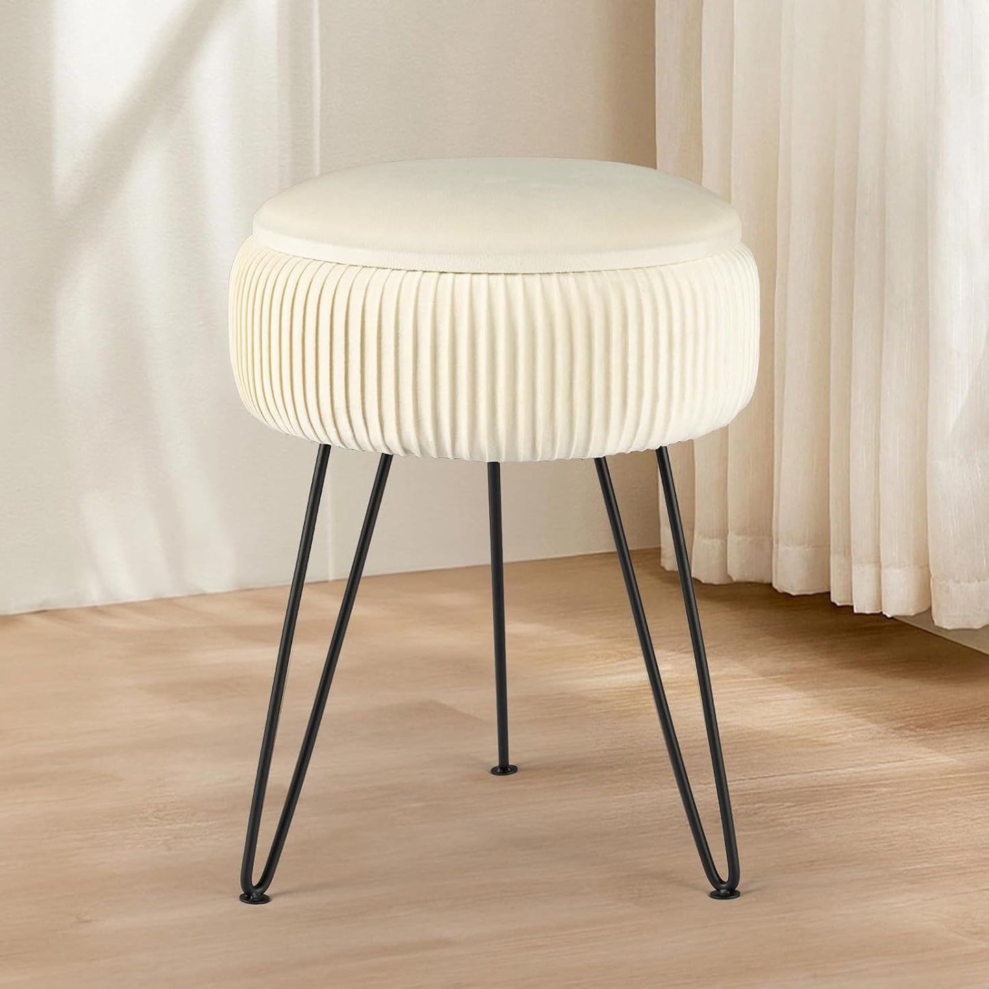 Velvet Vanity Stool with Storage, Round Ottoman Vanity Chairs with Anti-Slip Feet, Dressing Table Seat Foot Stool