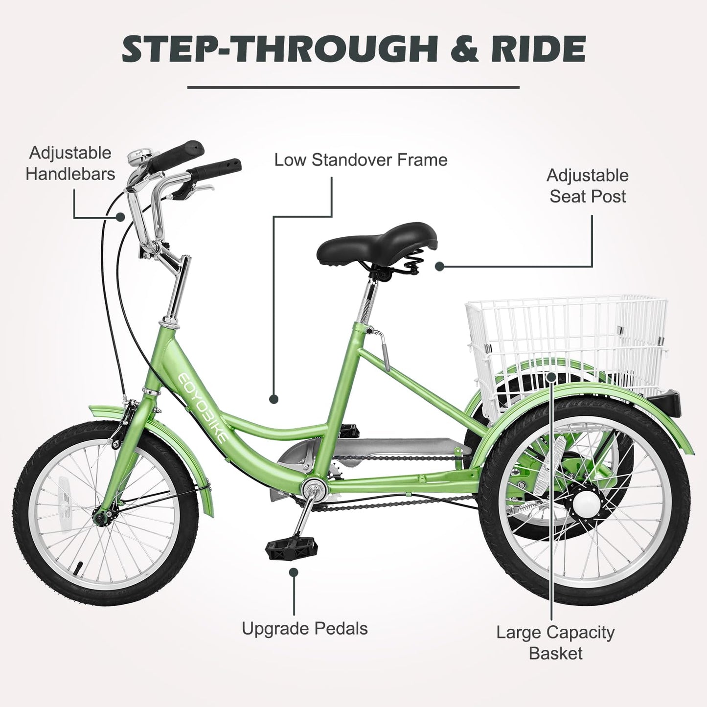 H&ZT Adult Tricycle, 3 Wheeled Bike, Trike Cruiser Bike, with 7-Speed Gear, Parking Brake Handle, Low Step, Large Rear Basket, Elderly Friendly, for Men, Women, and Teens