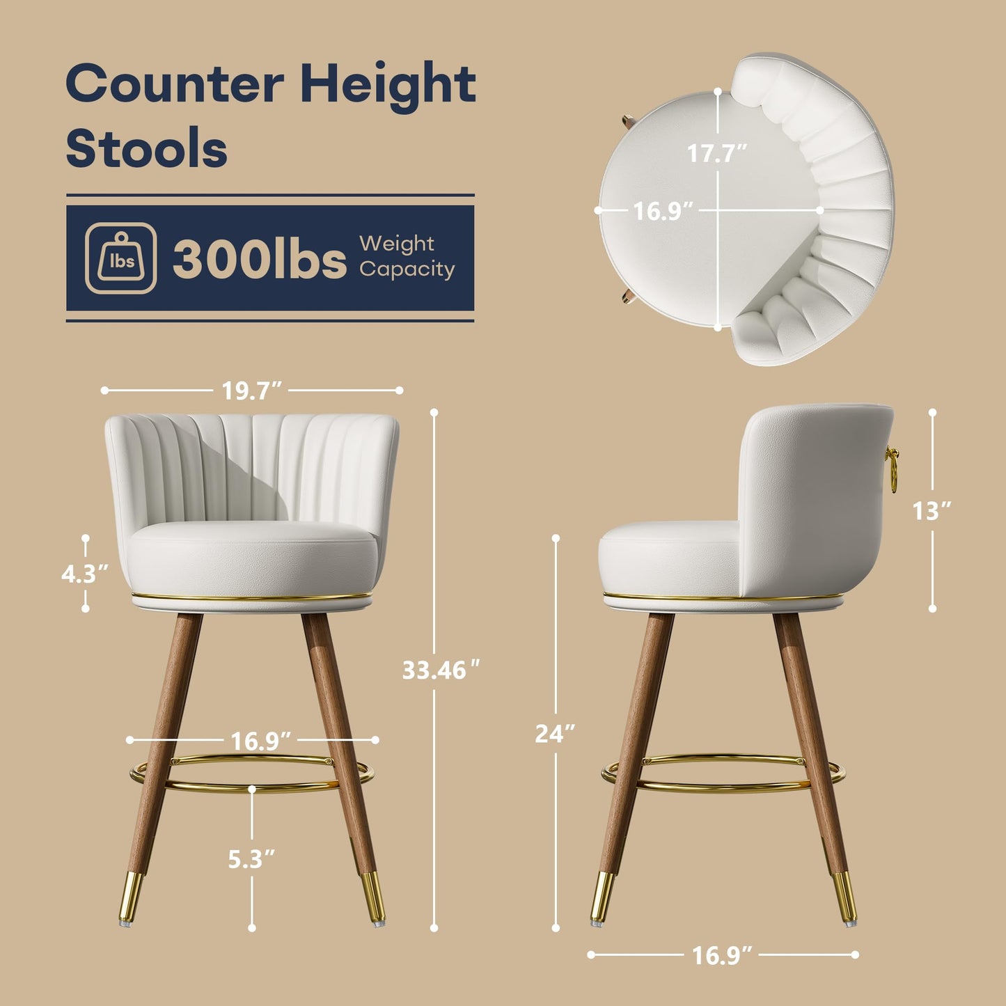 SeekFancy 24" Swivel Bar Stools Set of 2, Counter Height BarStools with Back, Leather Swivel Kitchen Stools with Wood Legs and Footrest, Upholstered Pub White Bar Chairs Kitchen Island
