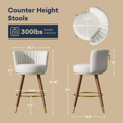 SeekFancy 24" Swivel Bar Stools Set of 2, Counter Height BarStools with Back, Leather Swivel Kitchen Stools with Wood Legs and Footrest, Upholstered Pub White Bar Chairs Kitchen Island