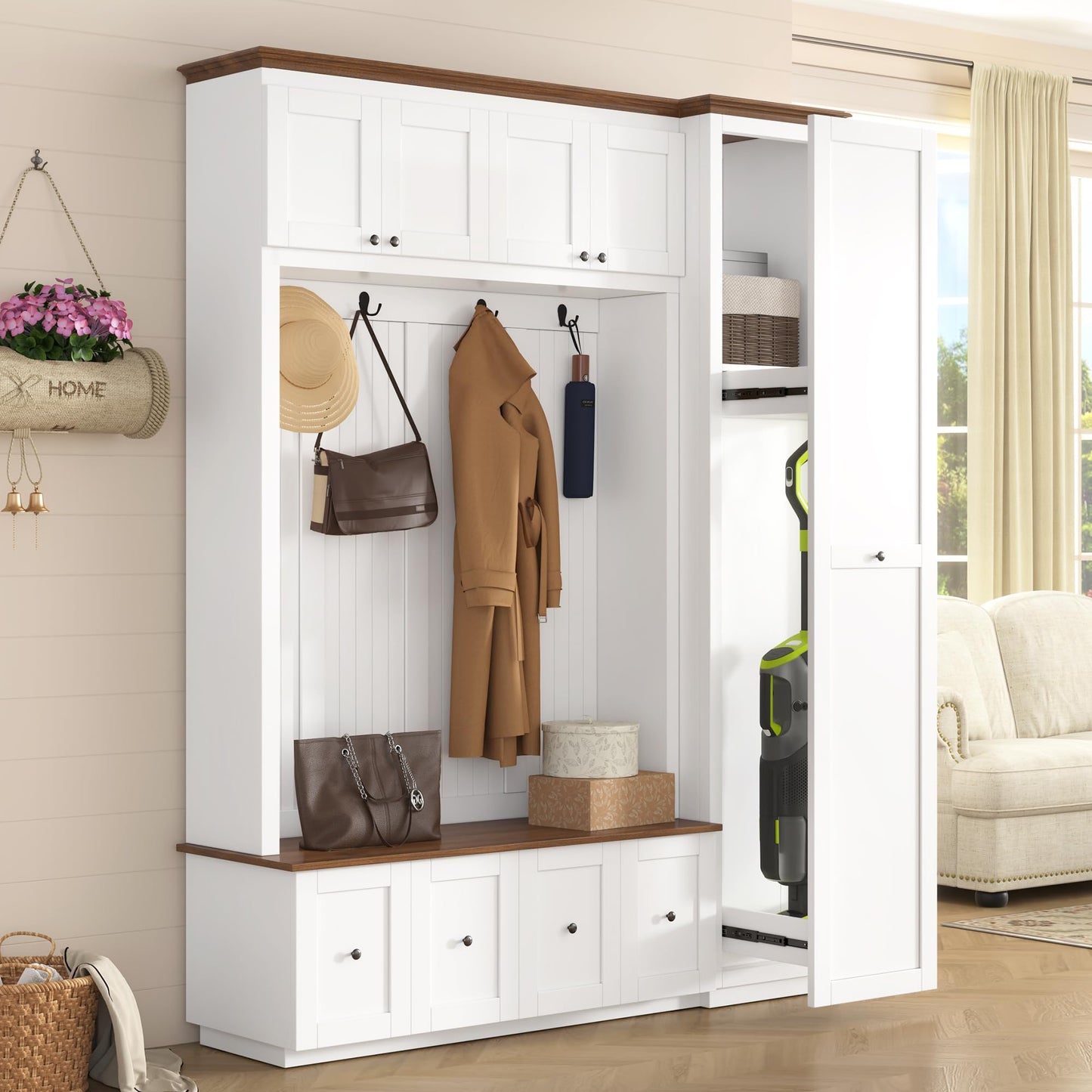 Merax 78.7''H Hall Tree with Storage Bench, Modern Entryway Bench with Coat Rack, 5-in-1 Hall Tree with Cabinets, Drawers & Hooks for Hallway, Entryway, Living Room, Mudroom, White