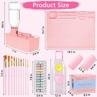 Elisel Painting Station,5 IN 1 Art Paint Supplies Kits,Paint Brush Cleaner (Upgraded),Silicone Painting Mat 12 Colors Paint Set,10 Paint Brushes,Painting Apron for Kids Artist Beginners (Pink, 5)