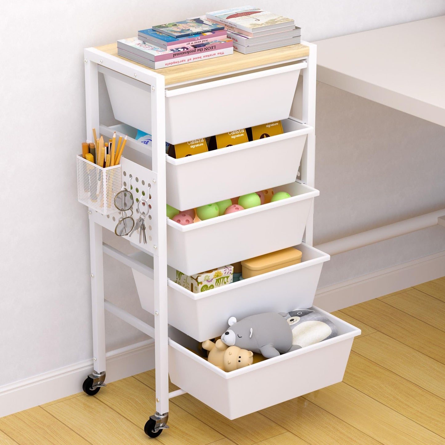 Rolling Cart with Drawers, Rolling Storage Cart with 5 Large Plastic Drawers & Wooden Tabletop, Utility Cart with Pegboards & Basket, Storage Drawers Cart for Living Room, Classroom, Bedroom, Office