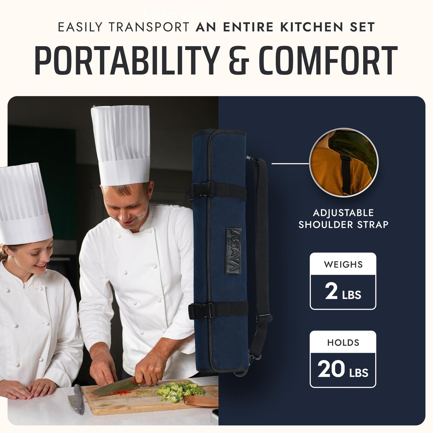 Asaya Waxed Canvas Chef Knife Roll Bag with 10 Slots and a Zipper Pocket - Professional Chef Knife Bag & Storage Case, with Shoulder Strap - Knives Not Included (Blue)