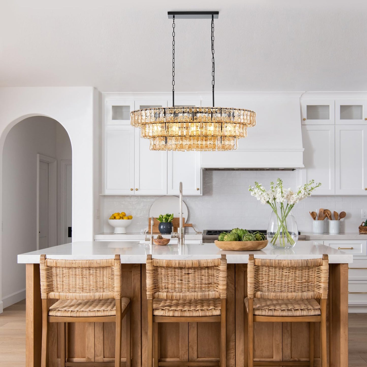 VANZARLA Large Modern Chandelier with Unique Amber Glass Shade, 3-Tier Dining Room Light Fixture, Farmhouse Chandelier for Kitchen Island Living Room Foyer