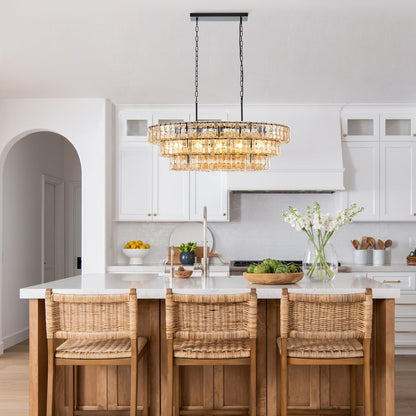 VANZARLA Large Modern Chandelier with Unique Amber Glass Shade, 3-Tier Dining Room Light Fixture, Farmhouse Chandelier for Kitchen Island Living Room Foyer