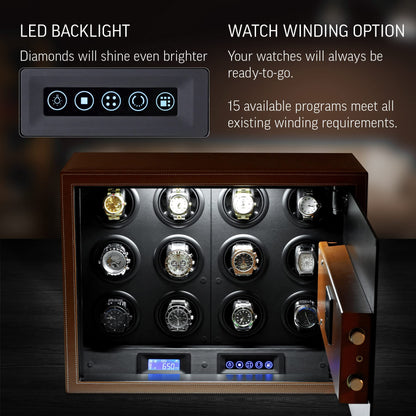 Watch Winder Security Safe for Automatic Watches with Digital Lock, Faux Leather Finish and Interior Backlight (12 watches, Brown)